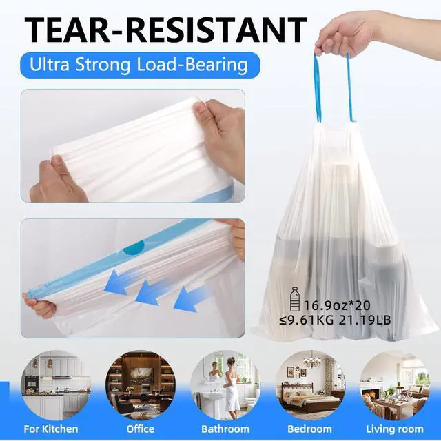 Alt view image 4 of 7 - 4 Gallon Trash Bags Drawstring,1.5 Mil Thick, Unscented, 58 Count (2 Rolls) - Strong Small Trash Bags for Bathroom, Bedroom, Office & Kitchen Cans - Individually Separated, Easy Pull, No Tear Needed