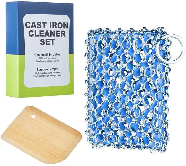 Main image of Cast Iron Scrubber - 316 Stainless Steel with Silicone Core, Bamboo Scraper, Perfect Cleaner Set for Cast Iron Pans, Skillets, Pots, Woks