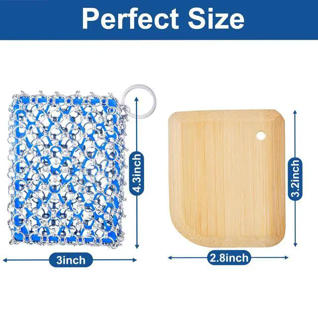 Alt view image 2 of 6 - Cast Iron Scrubber - 316 Stainless Steel with Silicone Core, Bamboo Scraper, Perfect Cleaner Set for Cast Iron Pans, Skillets, Pots, Woks