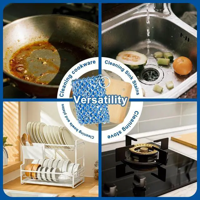 Alt view image 6 of 6 - Cast Iron Scrubber - 316 Stainless Steel with Silicone Core, Bamboo Scraper, Perfect Cleaner Set for Cast Iron Pans, Skillets, Pots, Woks