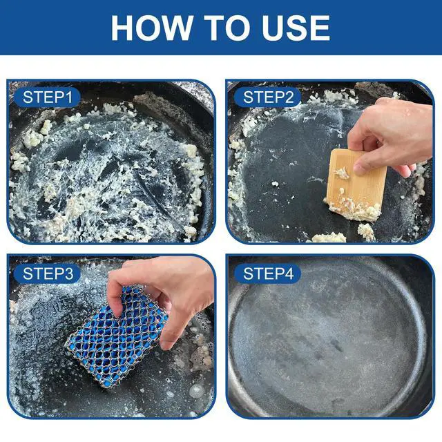 Alt view image 5 of 6 - Cast Iron Scrubber - 316 Stainless Steel with Silicone Core, Bamboo Scraper, Perfect Cleaner Set for Cast Iron Pans, Skillets, Pots, Woks