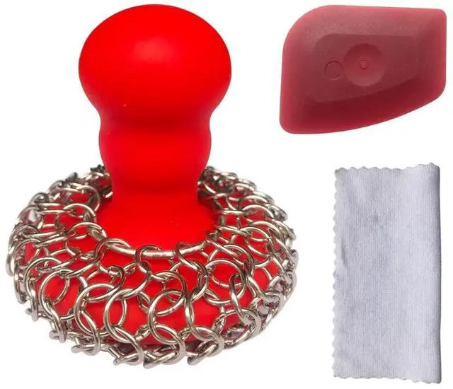 Main image of 316 Upgraded Chainmail Scrubber with Silicone Handle Cast Iron Cleaner for Cast Iron Grill Pan Skillet Wok Bakeware Ergonomic to Hold Easy to Use Dishwasher Safe, Scrubber + Scraper + Towel (Red)