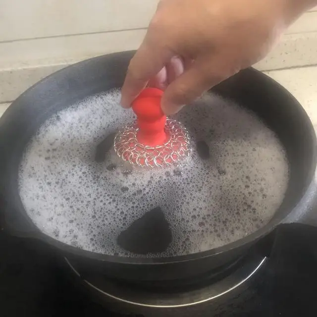 Alt view image 2 of 6 - 316 Upgraded Chainmail Scrubber with Silicone Handle Cast Iron Cleaner for Cast Iron Grill Pan Skillet Wok Bakeware Ergonomic to Hold Easy to Use Dishwasher Safe, Scrubber + Scraper + Towel (Red)