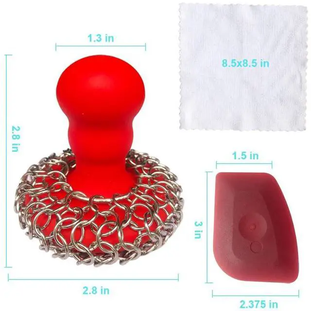 Alt view image 4 of 6 - 316 Upgraded Chainmail Scrubber with Silicone Handle Cast Iron Cleaner for Cast Iron Grill Pan Skillet Wok Bakeware Ergonomic to Hold Easy to Use Dishwasher Safe, Scrubber + Scraper + Towel (Red)