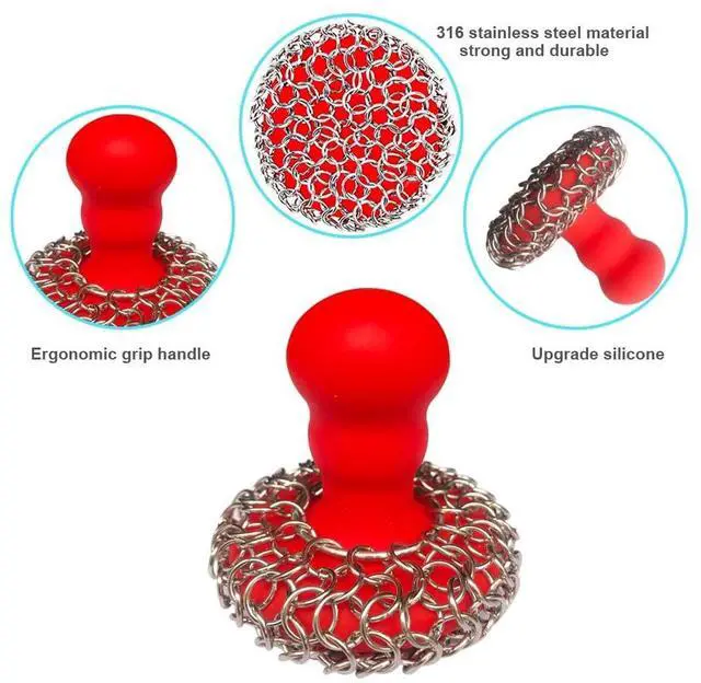 Alt view image 3 of 6 - 316 Upgraded Chainmail Scrubber with Silicone Handle Cast Iron Cleaner for Cast Iron Grill Pan Skillet Wok Bakeware Ergonomic to Hold Easy to Use Dishwasher Safe, Scrubber + Scraper + Towel (Red)