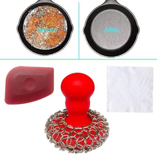 Alt view image 6 of 6 - 316 Upgraded Chainmail Scrubber with Silicone Handle Cast Iron Cleaner for Cast Iron Grill Pan Skillet Wok Bakeware Ergonomic to Hold Easy to Use Dishwasher Safe, Scrubber + Scraper + Towel (Red)