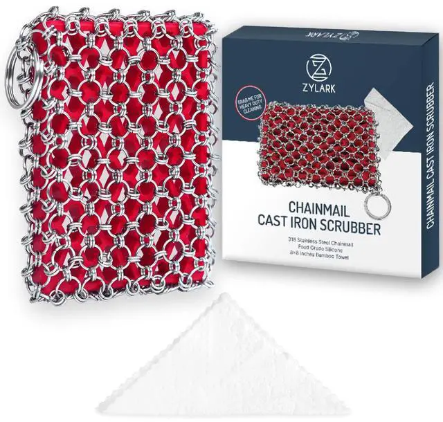 Main image of Cast Iron Scrubber Chainmail - 316L Cast Iron Cleaner Scrubber and Bamboo Cloth Set - Chain Mail Scrubber - Stainless Steel Chainmail Scrubber for Skillet, Pan, Dutch Oven - Essential Accessory