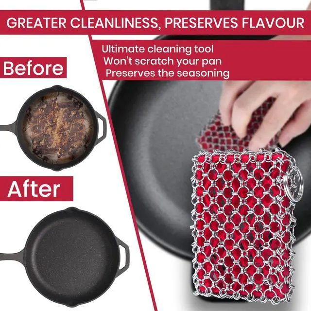 Alt view image 2 of 7 - Cast Iron Scrubber Chainmail - 316L Cast Iron Cleaner Scrubber and Bamboo Cloth Set - Chain Mail Scrubber - Stainless Steel Chainmail Scrubber for Skillet, Pan, Dutch Oven - Essential Accessory