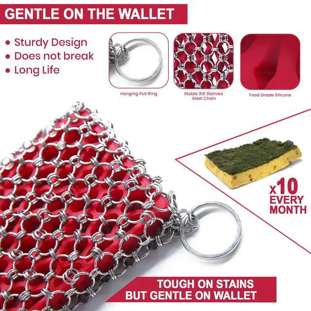 Alt view image 3 of 7 - Cast Iron Scrubber Chainmail - 316L Cast Iron Cleaner Scrubber and Bamboo Cloth Set - Chain Mail Scrubber - Stainless Steel Chainmail Scrubber for Skillet, Pan, Dutch Oven - Essential Accessory