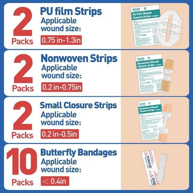 Alt view image 2 of 7 - 16 Pack Wound Closure Strips, 4 Types Butterfly Bandages, Emergency Laceration Closure Kit, Repair Wounds Without Stitches, Quick Clot Zip Stitch Wound Closures Device