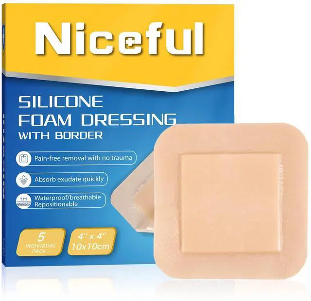 Main image of Silicone Foam Dressing 4"x4", Waterproof Silicone Bandages with Border Adhesive, High Absorbency Bed Sore Bandages Wound Care Dressing (2.5"X2.5" Pad), 5 Packs, FSA HSA Eligible