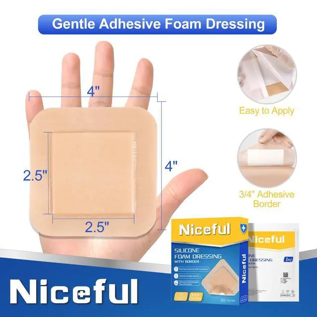 Alt view image 3 of 7 - Silicone Foam Dressing 4"x4", Waterproof Silicone Bandages with Border Adhesive, High Absorbency Bed Sore Bandages Wound Care Dressing (2.5"X2.5" Pad), 5 Packs, FSA HSA Eligible