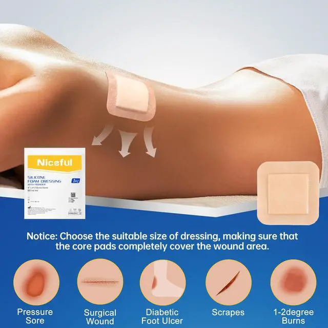 Alt view image 4 of 7 - Silicone Foam Dressing 4"x4", Waterproof Silicone Bandages with Border Adhesive, High Absorbency Bed Sore Bandages Wound Care Dressing (2.5"X2.5" Pad), 5 Packs, FSA HSA Eligible
