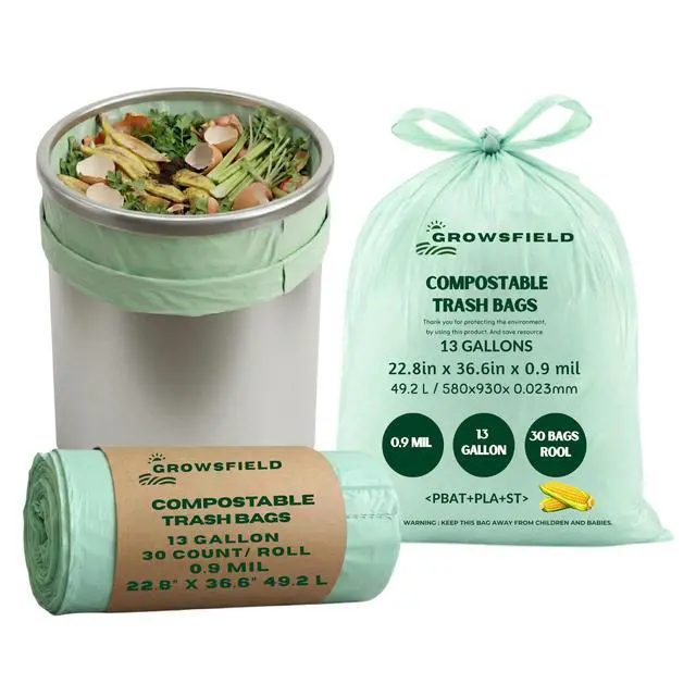 Alt view image 2 of 7 - 13 Gallon Compostable Trash Bags, BPI Certified & OK Compost & ASTM D6400, Tall Kitchen Garbage Bags, 30 Count, 0.9 Mil Extra Strong, Leak Proof, Easy Tie Handles, Unscented