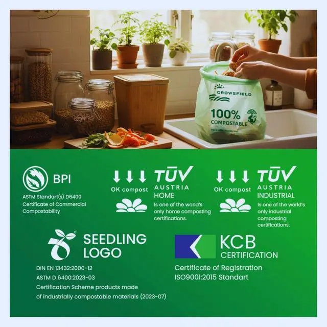 Alt view image 3 of 7 - 13 Gallon Compostable Trash Bags, BPI Certified & OK Compost & ASTM D6400, Tall Kitchen Garbage Bags, 30 Count, 0.9 Mil Extra Strong, Leak Proof, Easy Tie Handles, Unscented