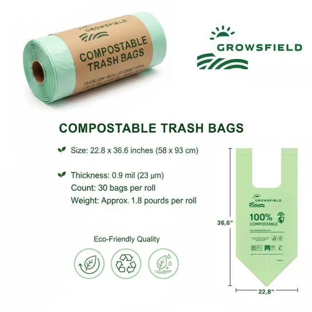 Alt view image 4 of 7 - 13 Gallon Compostable Trash Bags, BPI Certified & OK Compost & ASTM D6400, Tall Kitchen Garbage Bags, 30 Count, 0.9 Mil Extra Strong, Leak Proof, Easy Tie Handles, Unscented