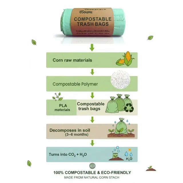 Alt view image 6 of 7 - 13 Gallon Compostable Trash Bags, BPI Certified & OK Compost & ASTM D6400, Tall Kitchen Garbage Bags, 30 Count, 0.9 Mil Extra Strong, Leak Proof, Easy Tie Handles, Unscented