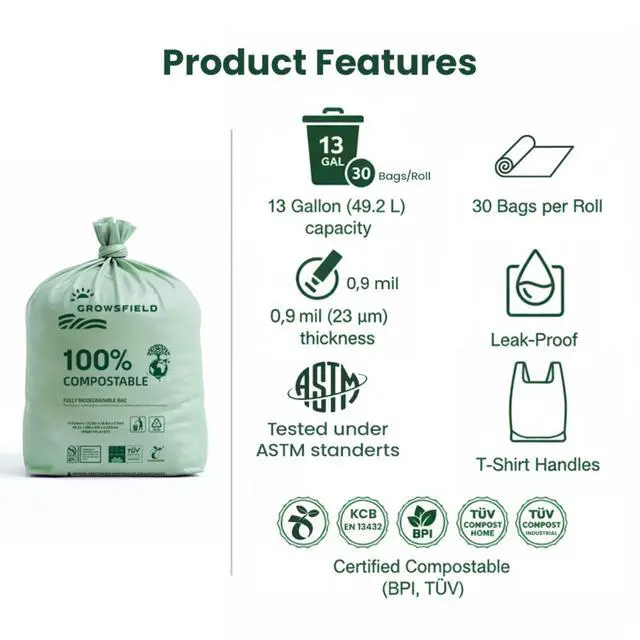 Alt view image 5 of 7 - 13 Gallon Compostable Trash Bags, BPI Certified & OK Compost & ASTM D6400, Tall Kitchen Garbage Bags, 30 Count, 0.9 Mil Extra Strong, Leak Proof, Easy Tie Handles, Unscented