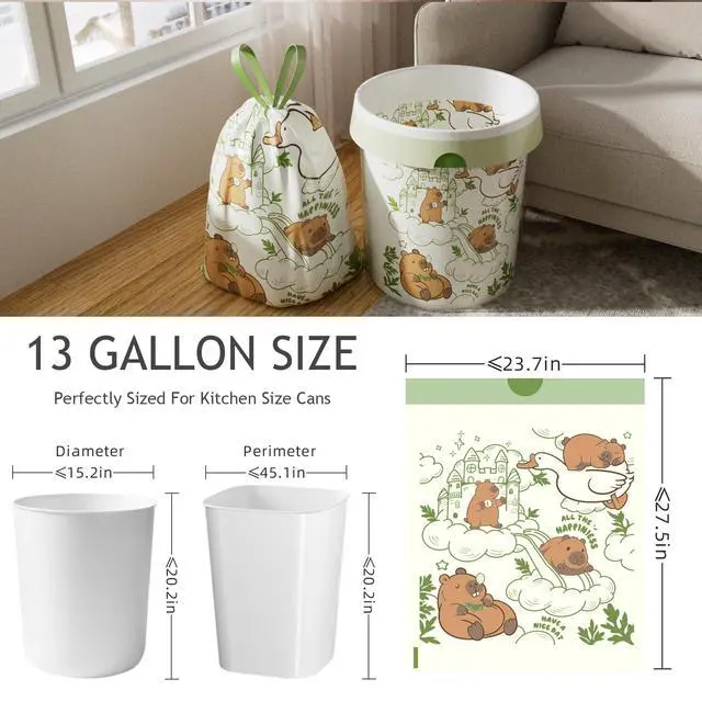 Alt view image 7 of 7 - 13 Gallon Trash Bags with Printed Design and Drawstring, Leakproof and Odor Control Garbage Bags Tall Kitchen, Tear-Resistant Kitchen Trash Bags for Home, Portable Garbage Bags, 50 Count