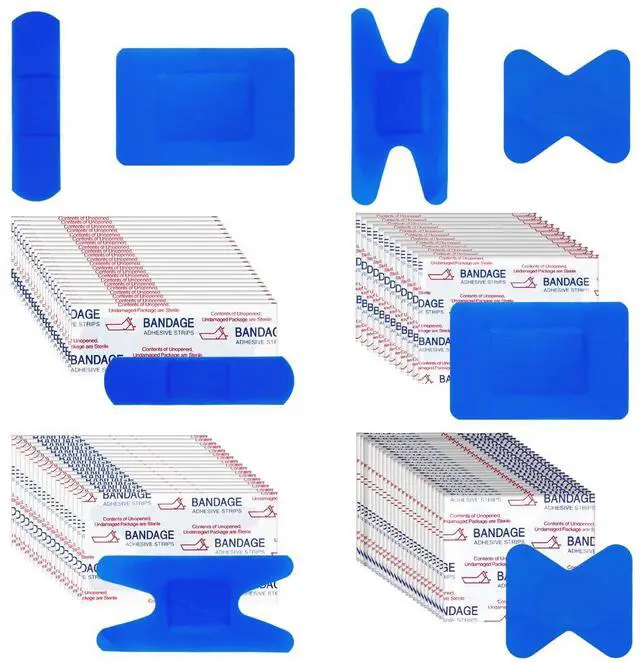 Main image of 200 Pcs Waterproof Blue Bandaids, 4 Shapes Food Service Blue Detectable Adhesive Flexible Bandages with Quilt-Aid Pad, Breathable Bandaids for Catering Wound Care and Protection