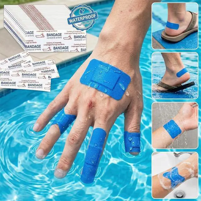 Alt view image 3 of 6 - 200 Pcs Waterproof Blue Bandaids, 4 Shapes Food Service Blue Detectable Adhesive Flexible Bandages with Quilt-Aid Pad, Breathable Bandaids for Catering Wound Care and Protection