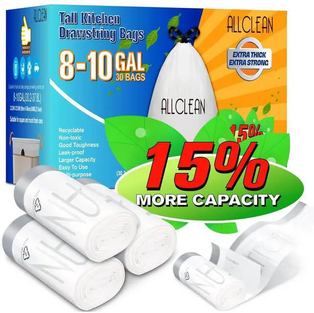 Main image of 10 Gallon Trash Bags, Ultra-Strong Unscented Heavy-Duty Medium Drawstring Garbage Bags, Bin Liners for Kitchen, Office, Yard, Bathroom Trash Cans (30 Count)