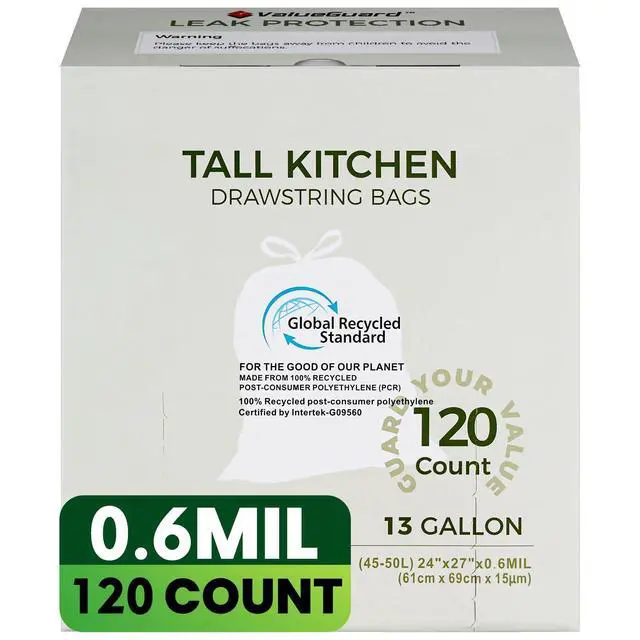 Alt view image 2 of 7 - Large Trash Bag 13 Gallon Tall Drawstring 100% Post-Consumer Recycled Garbage Bag Waste Bag for Kitchen Office