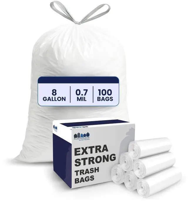 Main image of 8 Gallon Trash Bags: Premium White Drawstring Garbage Bag, 0.7 Mil Thickness, Durable Trash Can Liners, Garbage Bags for your Trash Can, Ring Size 22" x 22" (Pack of 100)