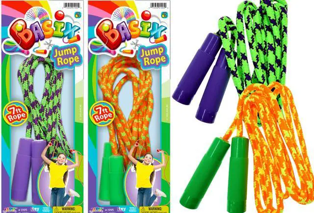 Main image of 7ft Adjustable Jump Rope for Kids (2-Pack) Nylon Braided Skipping Rope for Kids | Playground Toys & Recess Equipment for Elementary School | Gymnastics Party Favors. 1995-2p