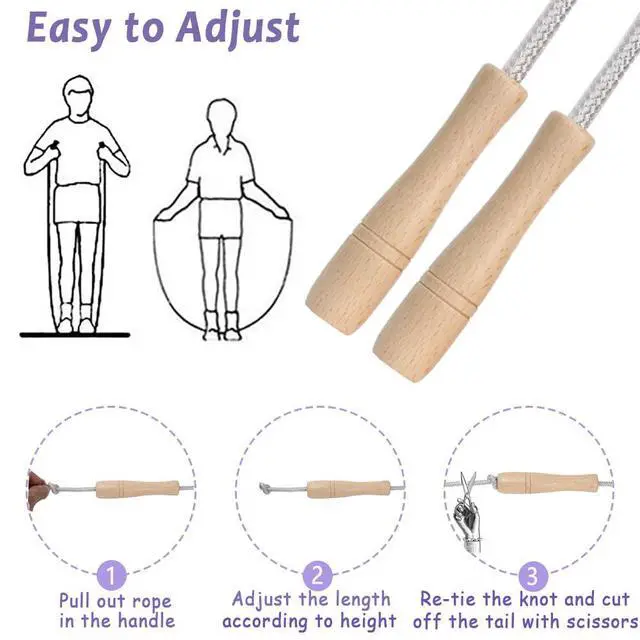 Alt view image 2 of 7 - Jump Rope Kids,8.5ft Adjustable Cotton Skipping Rope with Wooden Handle for Boys and Girls Fitness Outdoor Exercise (Silver)