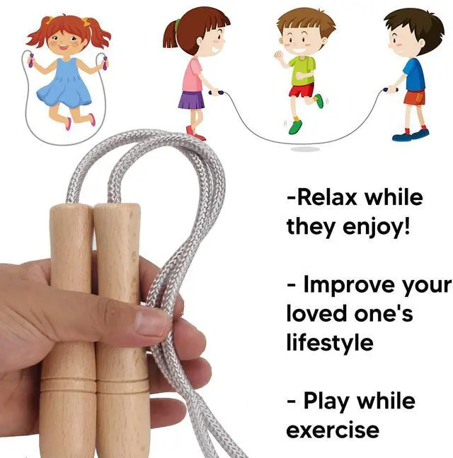 Alt view image 4 of 7 - Jump Rope Kids,8.5ft Adjustable Cotton Skipping Rope with Wooden Handle for Boys and Girls Fitness Outdoor Exercise (Silver)