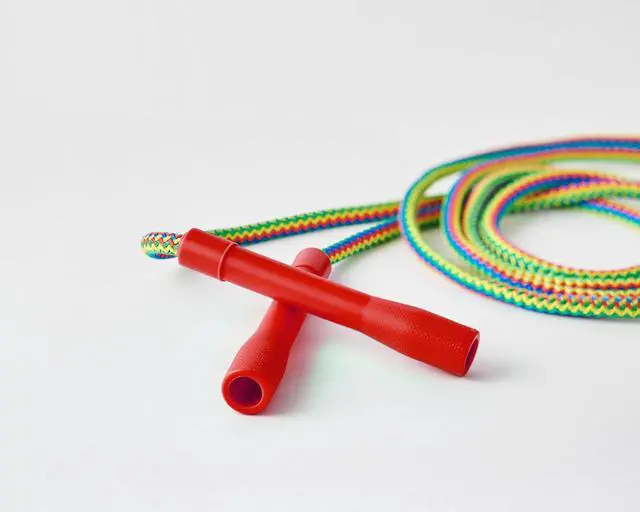 Alt view image 2 of 6 - 20FT LAON Korean Double Dutch Jump Rope, 20ft (6m) Long, Colorful Rainbow Braided Design Thick Rope with Non-Slip Handles, Skipping Rope for Adults,(Red, Green, Blue Handles) (Red)