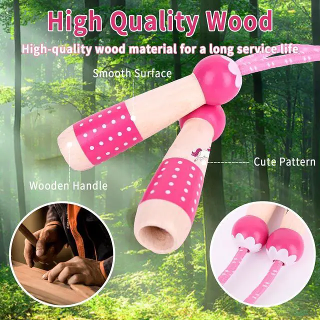 Alt view image 2 of 6 - Jump Rope Kids, 7.2ft Children Adjustable Cotton Skipping Rope with Wooden Handle for Boys Girls Fitness Outdoor Activity Pink