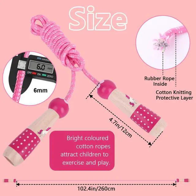 Alt view image 5 of 6 - Jump Rope Kids, 7.2ft Children Adjustable Cotton Skipping Rope with Wooden Handle for Boys Girls Fitness Outdoor Activity Pink