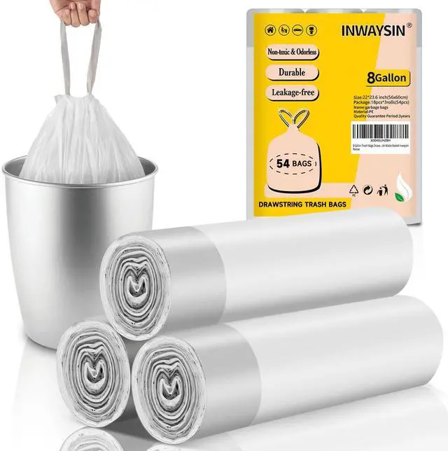 Main image of 8 Gallon Trash-Bags Drawstring Kitchen-Garbage-Bag Unscented - White Plastic 54 Count Recyclable Restroom Liners Strong Compactor Can Tall Large Recycle Waste Basket Inwaysin