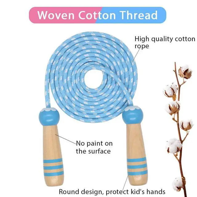 Alt view image 2 of 6 - Jump Rope Kids, 7ft Adjustable Cotton Skipping Rope with Wooden Handle for Boys and Girls Fitness Outdoor Exercise (Pink+Blue)