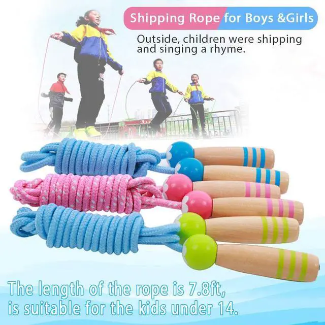 Alt view image 5 of 6 - Jump Rope Kids, 7ft Adjustable Cotton Skipping Rope with Wooden Handle for Boys and Girls Fitness Outdoor Exercise (Pink+Blue)