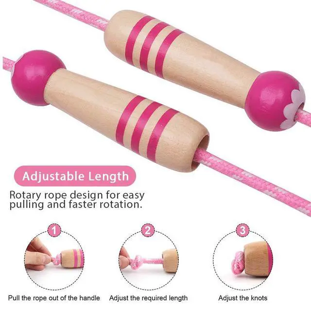 Alt view image 6 of 6 - Jump Rope Kids, 7ft Adjustable Cotton Skipping Rope with Wooden Handle for Boys and Girls Fitness Outdoor Exercise (Pink+Blue)