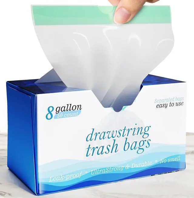 Main image of 8 Gallon Drawstring Garbage Bags 0.8 Mil Ultra Strong Medium Kitchen Trash Bags Medium Plastic Bags - Individual, Unscented, White, 23"x27", 50 Count