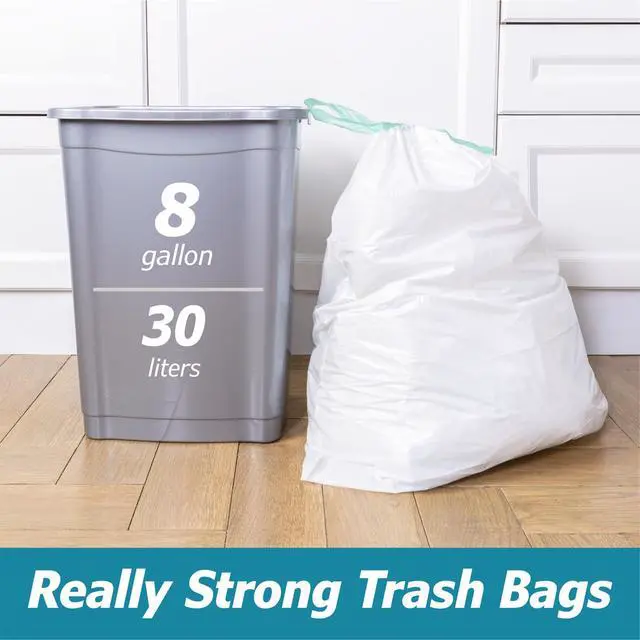 Alt view image 2 of 7 - 8 Gallon Drawstring Garbage Bags 0.8 Mil Ultra Strong Medium Kitchen Trash Bags Medium Plastic Bags - Individual, Unscented, White, 23"x27", 50 Count