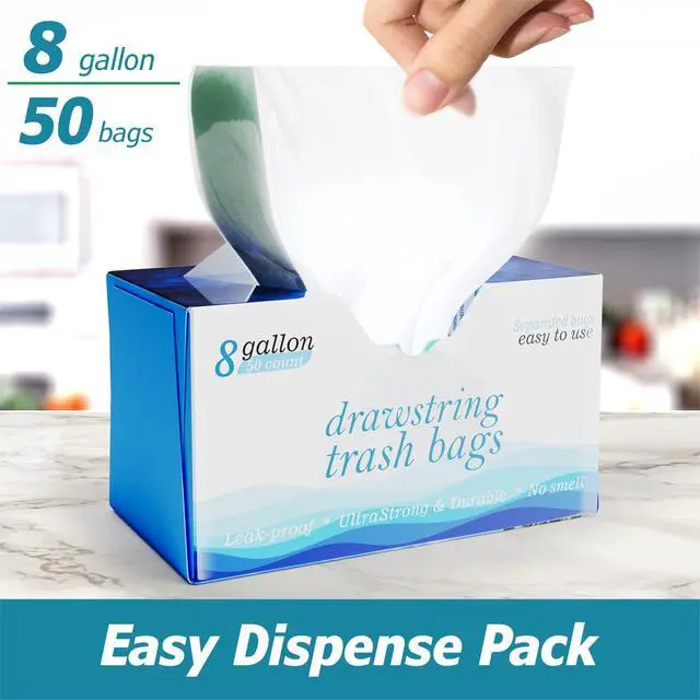 Alt view image 7 of 7 - 8 Gallon Drawstring Garbage Bags 0.8 Mil Ultra Strong Medium Kitchen Trash Bags Medium Plastic Bags - Individual, Unscented, White, 23"x27", 50 Count