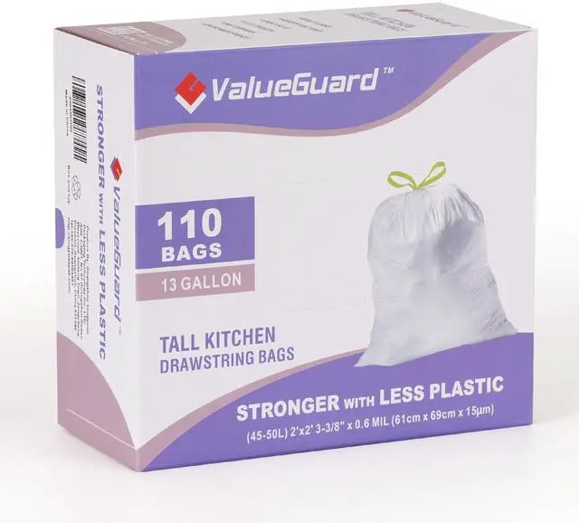 Main image of Trash Bags Garbage Bag 13 Gallon Drawstring Tall Waste Bag for Kitchen Office Party 0.6 Mil (110 Count)