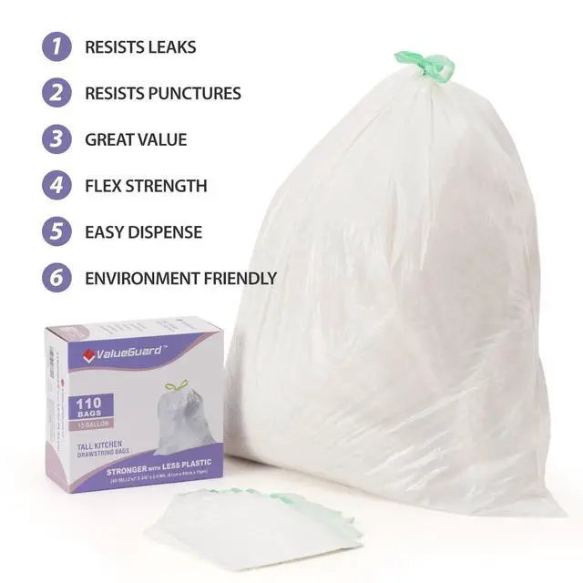 Alt view image 5 of 7 - Trash Bags Garbage Bag 13 Gallon Drawstring Tall Waste Bag for Kitchen Office Party 0.6 Mil (110 Count)
