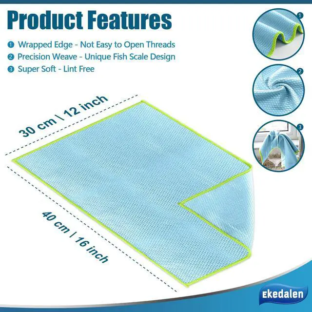Alt view image 2 of 7 - Microfiber Cleaning Cloth Lint Free Glass Polish, Blue & Grey | Fish Scale Window Cleaning Cloth, Streak Free, Reusable for Glass Mirror Kitchen Dish, 16 x12 in, 8 Pcak