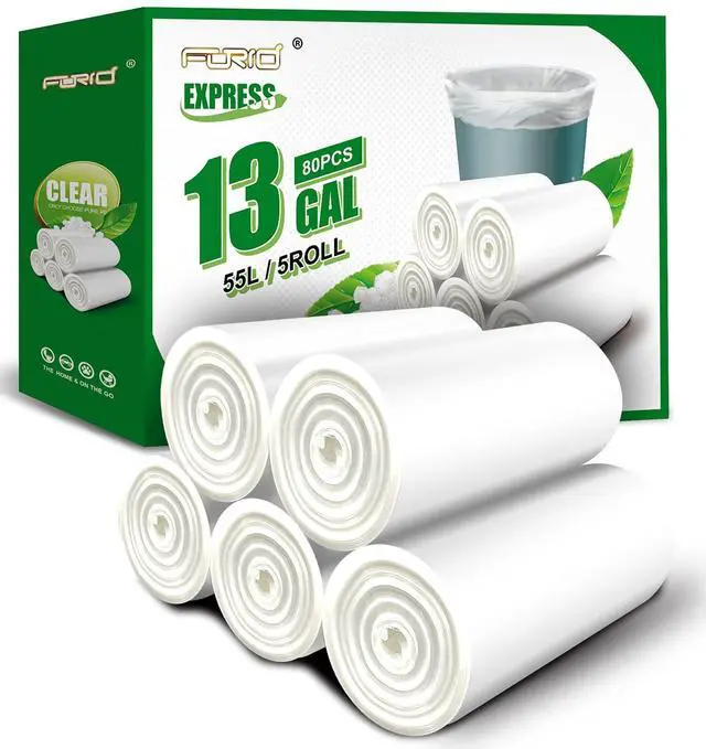 Main image of 13 Gallon Trash Bags - Clear Plastic Garbage Bag Unscented Tall Medium Can Liners for Kitchen Office Home Waste Basket 5 Roll 55 Liters 80 Counts
