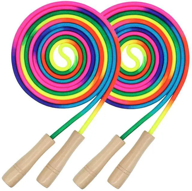 Main image of 16 FT Long Jump Rope for Kids, 2 Pack Adjustable Double Dutch Skipping Rope with Wooden Handle, Multiplayer Rainbow Jumping Rope for Outdoor Fun, School Sport, Party Game
