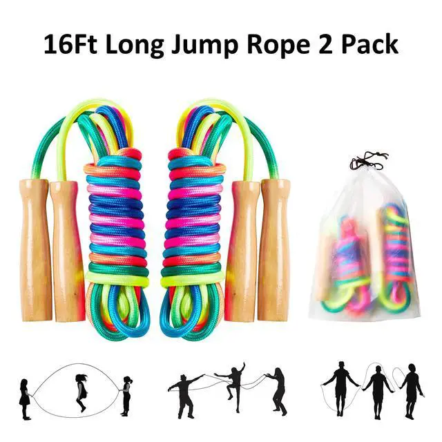 Alt view image 6 of 6 - Double Dutch Long Jump rope - 16Ft 2 Pack Skipping Rope for Kids Adults, Rainbow Jumping Rope for Multiplayer with Wooden Handle