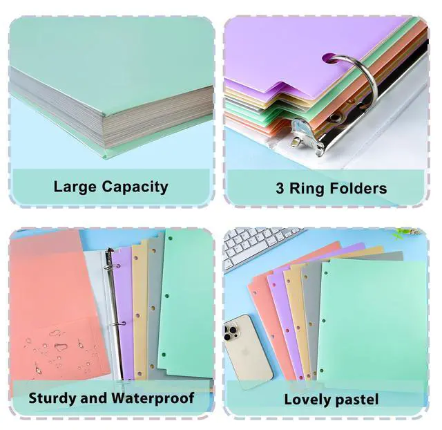 Alt view image 3 of 7 - 3 Hole Pocket Folders, 5 Pcs Pastel Color, Plastic Folder for 3 Ring Binder