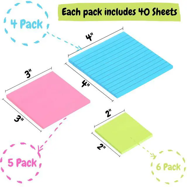 Alt view image 2 of 7 - Sticky Notes Set, 15 Pack, 2"x2", 3"x3", 4"x4", 600 Sheets