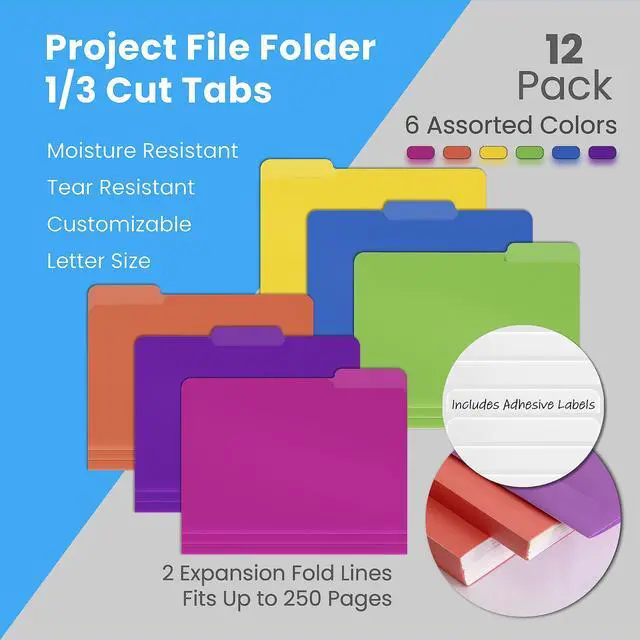 Alt view image 2 of 6 - Heavyweight Poly File Folders, 1/3 Cut Tabs, 12 Pack, Assorted Colors, Letter Size, with Adhesive Labels,